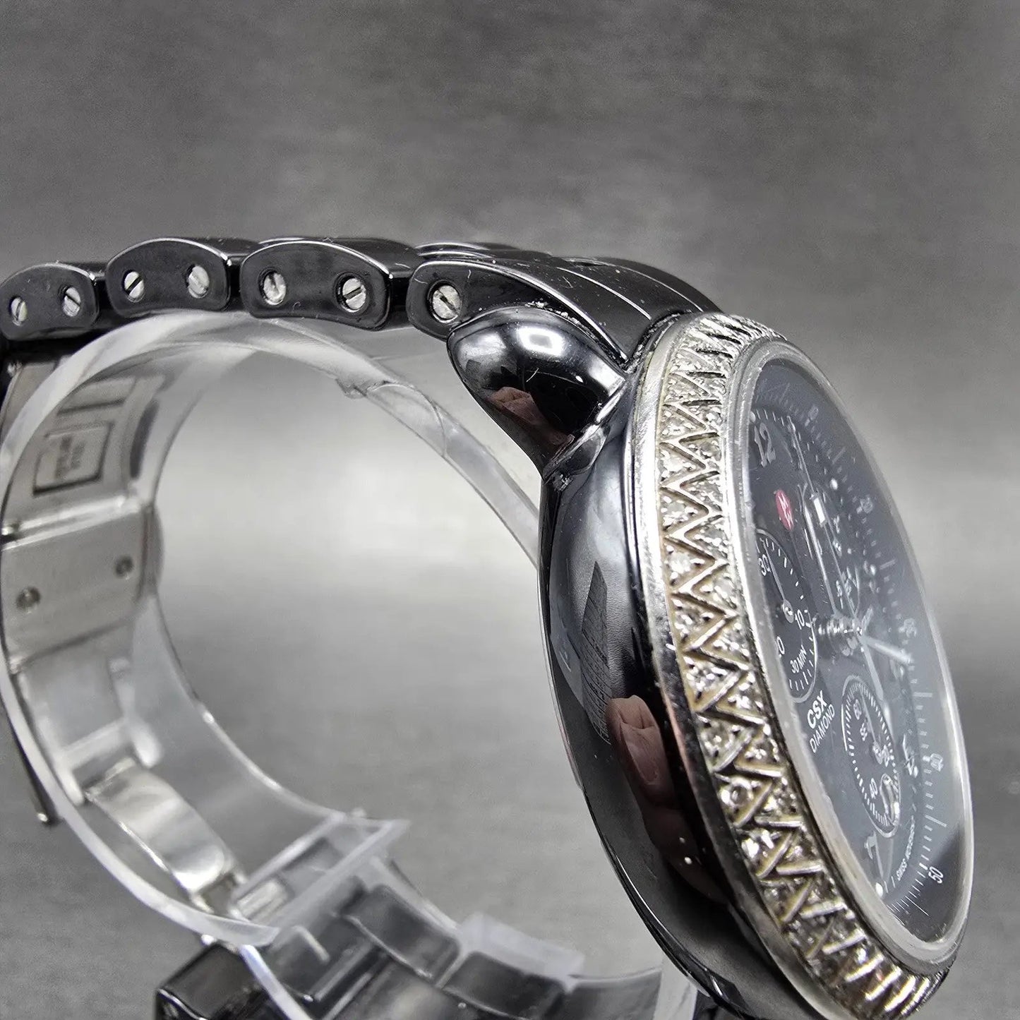 Michele CSX Chronograph Diamond Watch Women 37mm Black Dial Ceramic New Battery3