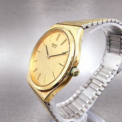Seiko Watch Men 32mm Gold Dial Gold Tone Round 78006009 New Battery Vintage2