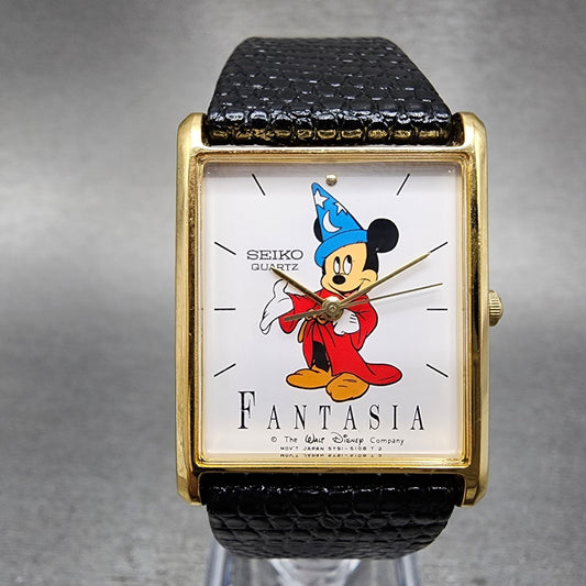 Seiko Mickey Mouse Fantasia Tank Watch Men 25mm White Dial Gold Tone New Battery