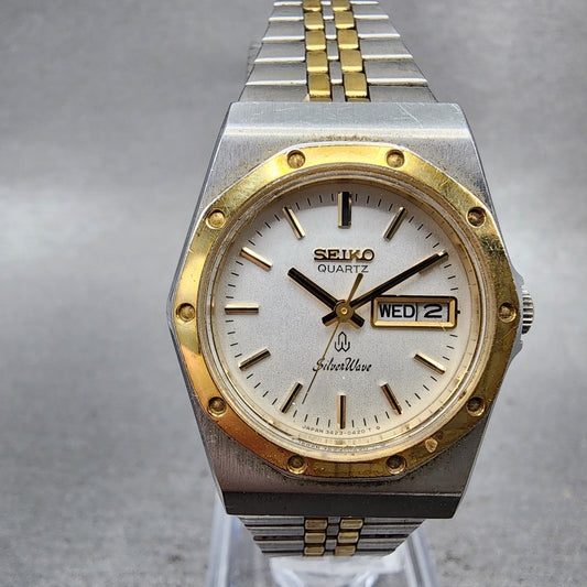 Seiko SilverWave Watch Women 26mm Silver Dial Two Tone Daydate 34230190 New Bat0
