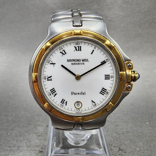Raymond Weil Parsifal Watch Men 34mm White Dial Two Tone Date Round New BatteryA0