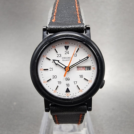 Seiko SQ Watch Women 24mm White Dial Black Tone Daydate Round 3E230A50 New Batt0