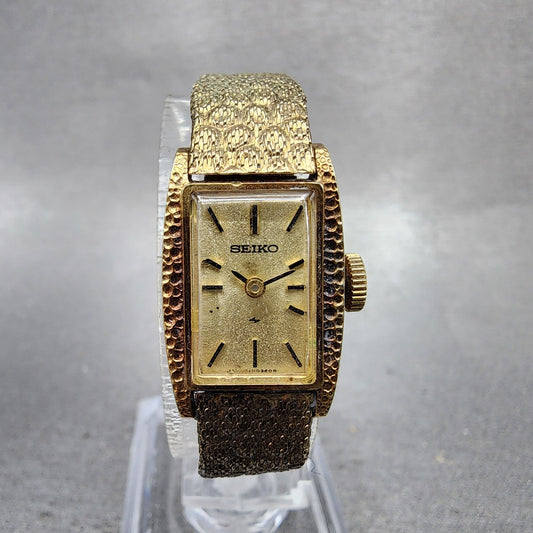 Seiko Tank Watch Women 15mm Champagne Dial Gold Tone Manual 113180 Runs0