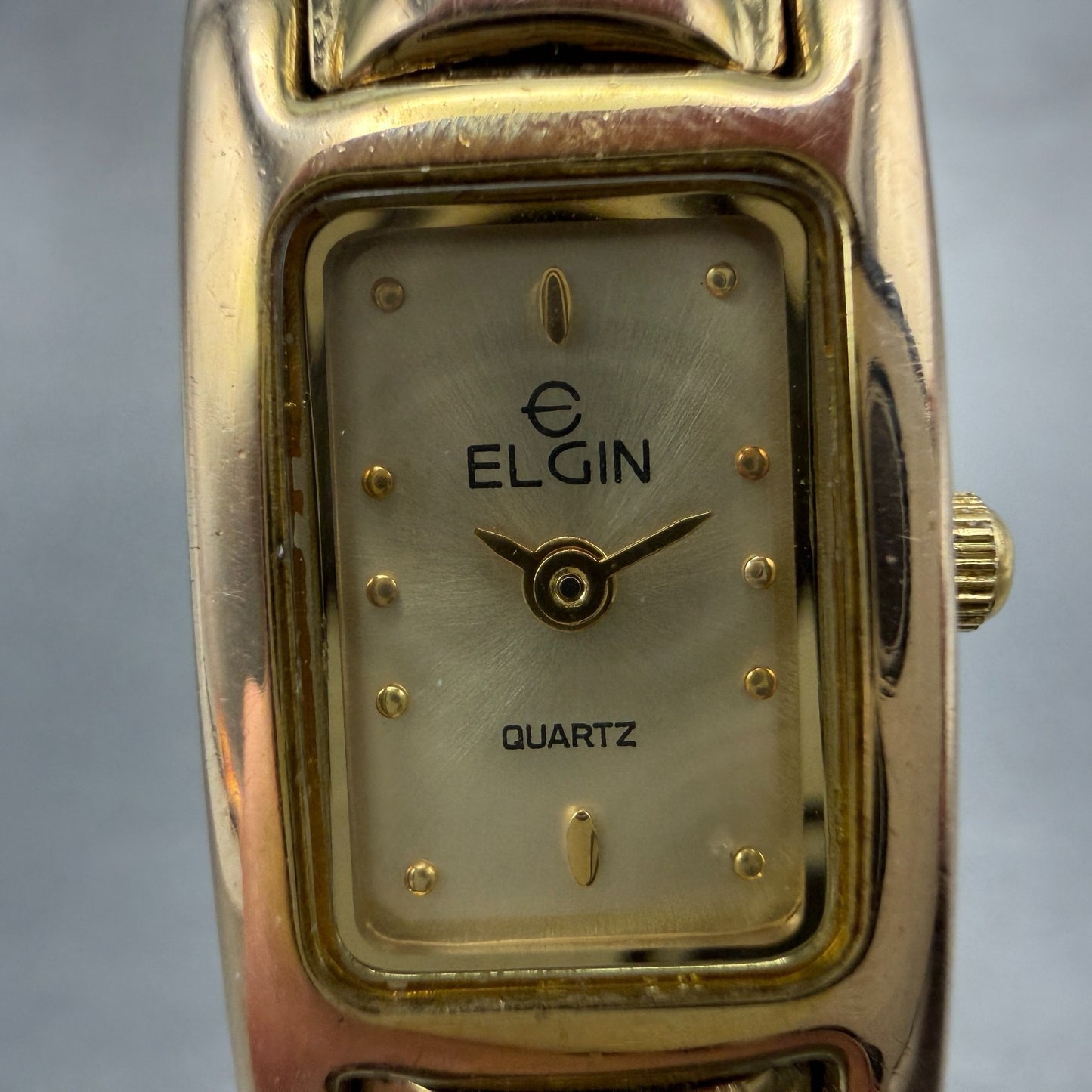 Elgin Tank Watch Women 15mm Champagne Dial Gold Tone EM912-170 New Battery1