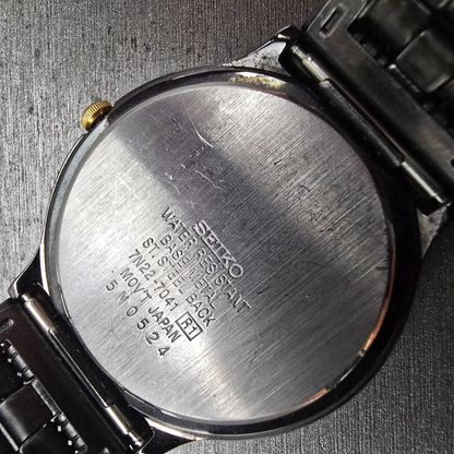 Seiko Watch Men 34mm Black Dial Black &Gold Date Round 7N22-7041 New Battery VTG10