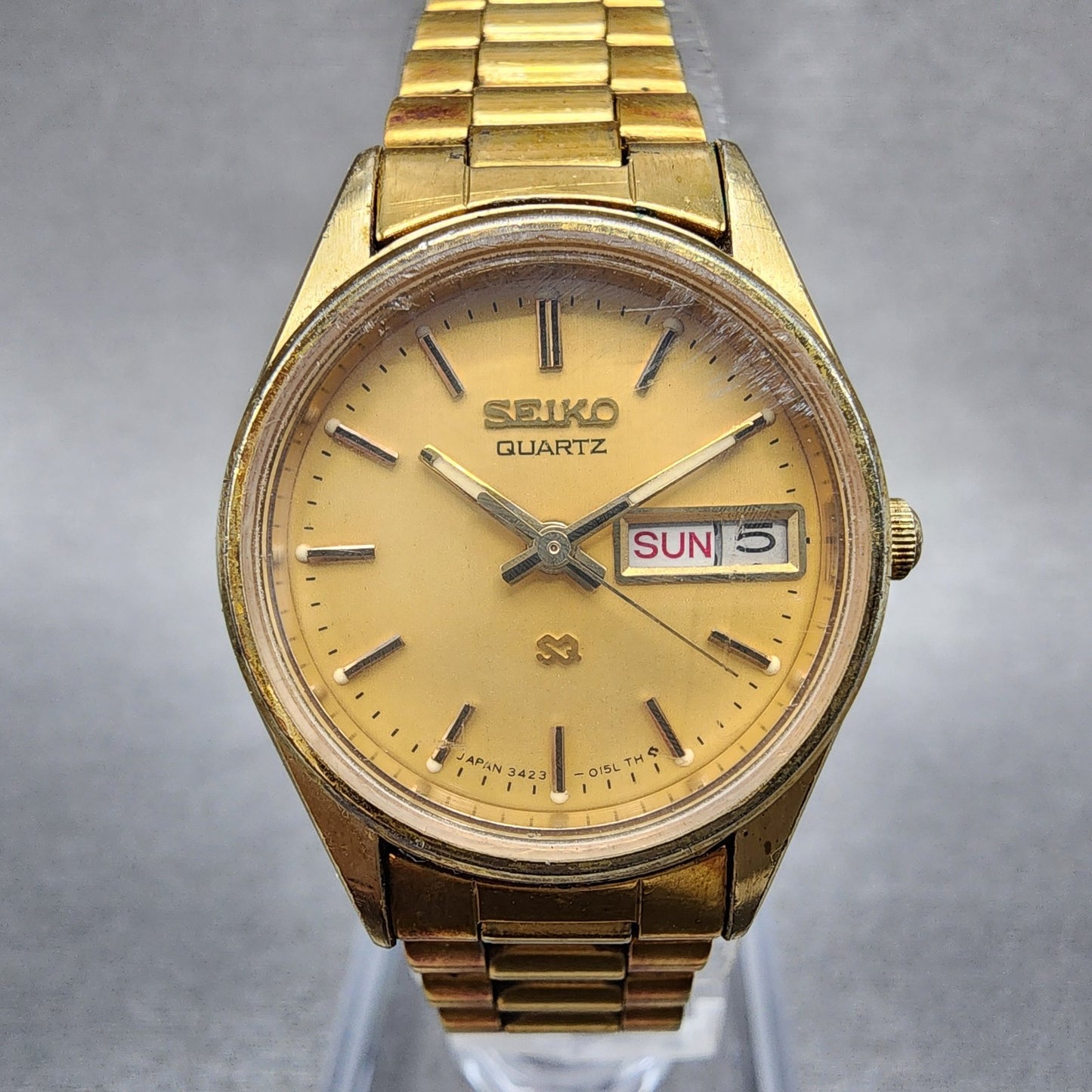Seiko SQ Watch Women 24mm Gold Dial Gold Tone Daydate Round 34230099 New Batt0