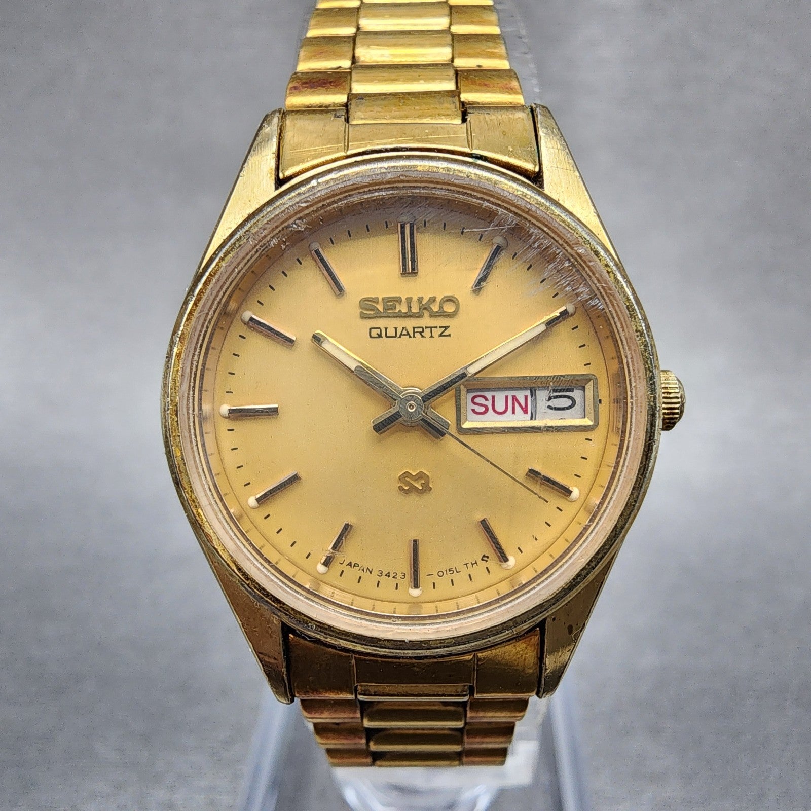 Seiko SQ Watch Women 24mm Gold Dial Gold Tone Daydate Round 34230099 New Batt0