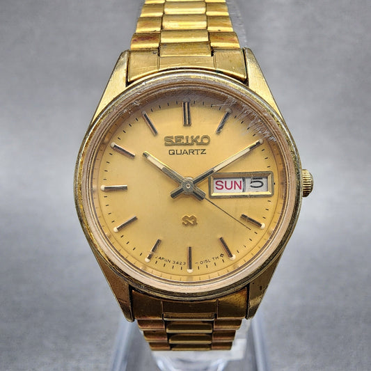 Seiko SQ Watch Women 24mm Gold Dial Gold Tone Daydate Round 34230099 New Batt0
