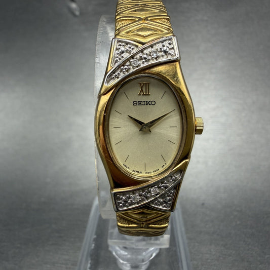 Seiko Watch Women 17mm Champagne Dial Gold Tone Oval 1N00-6P30 New Battery0