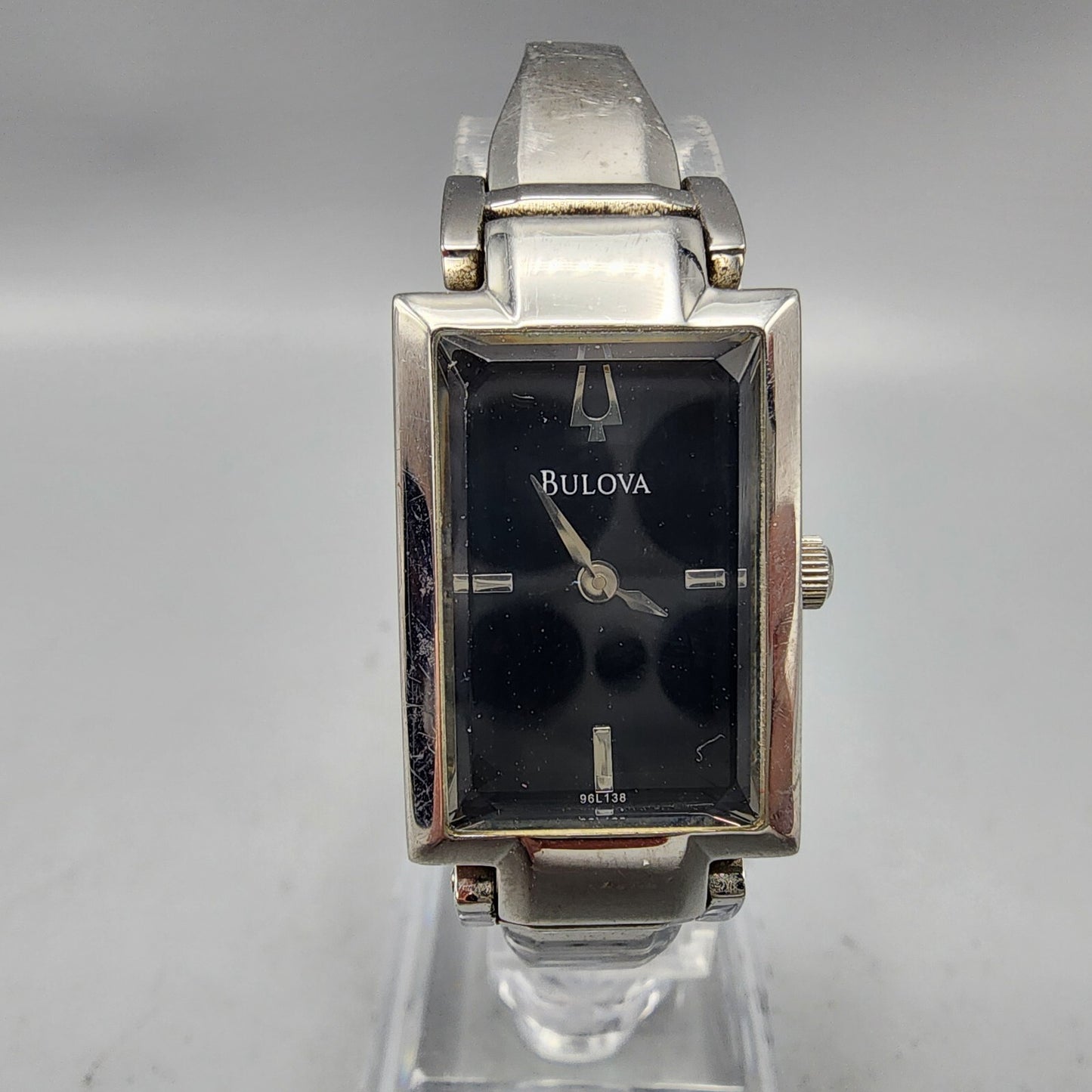 Bulova Watch Women Silver Tone Black Dial 18mm Rectangel 96L138 New Battery