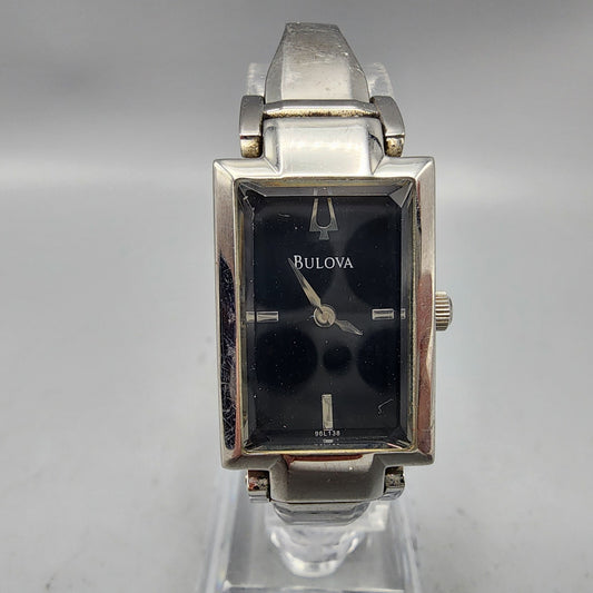Bulova Watch Women Silver Tone Black Dial 18mm Rectangel 96L138 New Battery