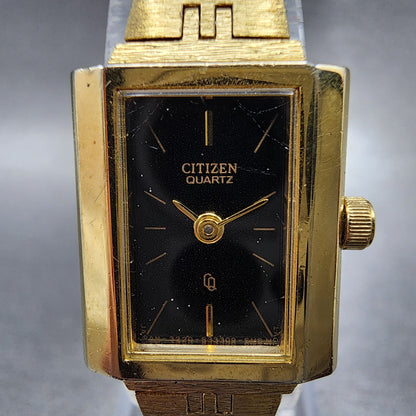 Citizen CQ Tank Watch Women 17mm Black Dial Gold Tone Rectangle New Battery1