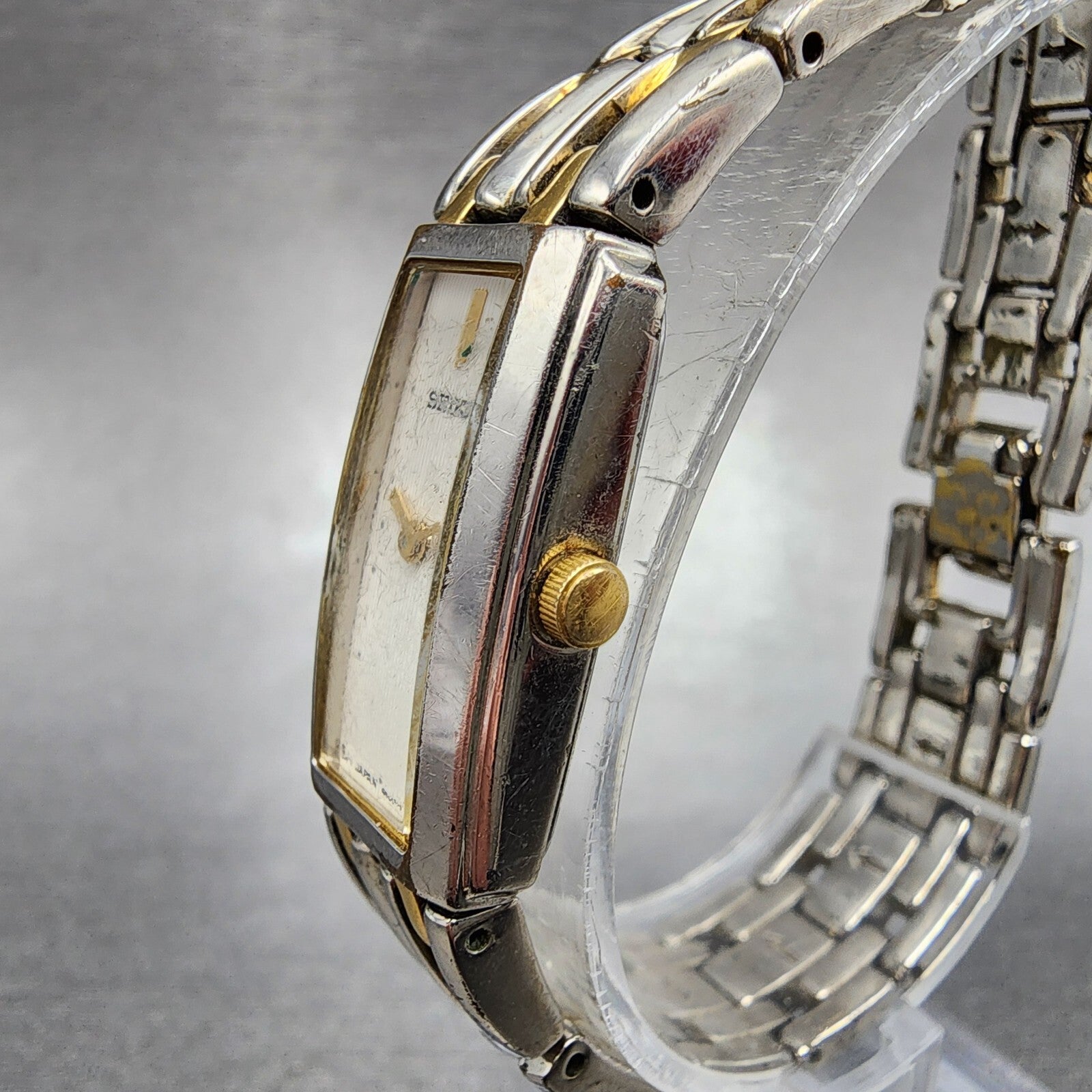Seiko Tank Watch Women 15mm Cream Dial Two Tone Rectangle 4N007089 New Battery2