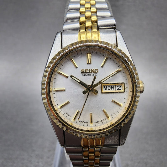Seiko Watch Women 24mm White Dial Two Tone Daydate Round 7N830049 New Batt AB120