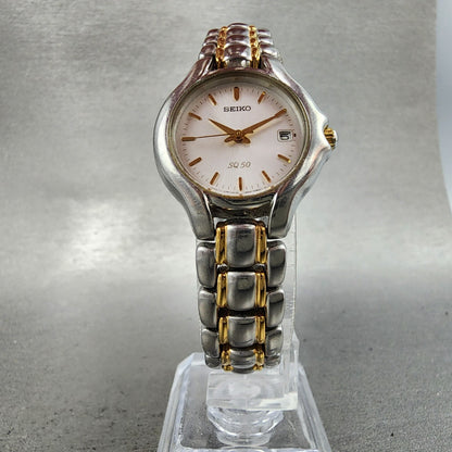 Seiko SQ 50 Watch Women 25mm White Dial Two Tone Date 7n820301 New Battery5