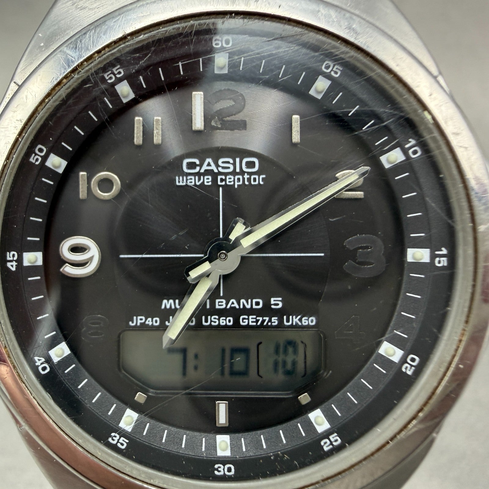 Casio Wave Ceptor Watch Men 41mm Black Dial Silver Tone Ana Digi Solar Works1