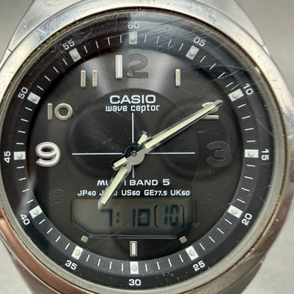 Casio Wave Ceptor Watch Men 41mm Black Dial Silver Tone Ana Digi Solar Works1