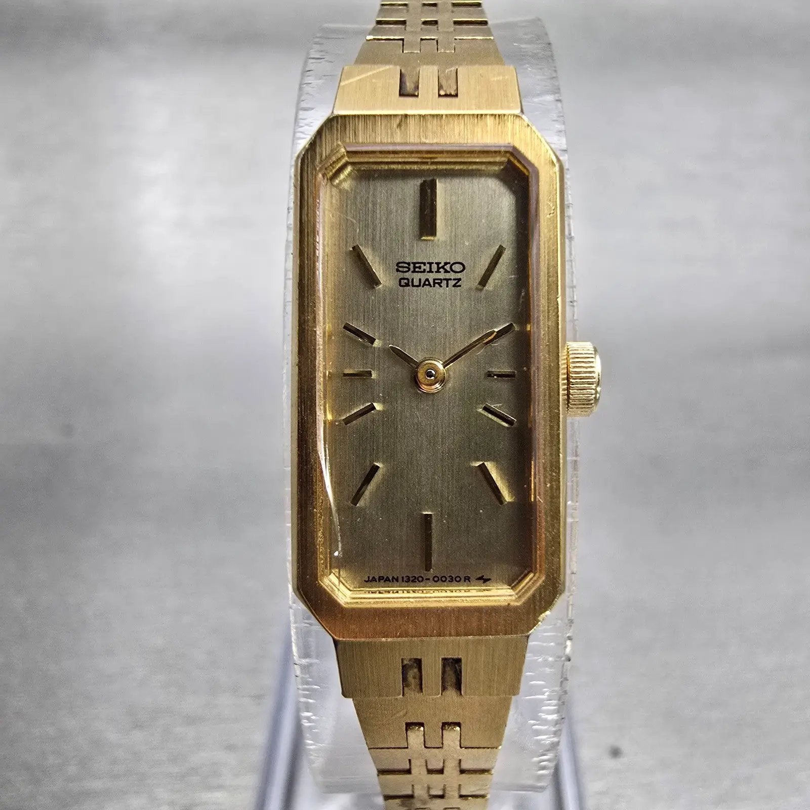 Seiko Watch Women 12mm Gold Dial Gold Tone Rectangle 1320-5029 New Battery VTG D0