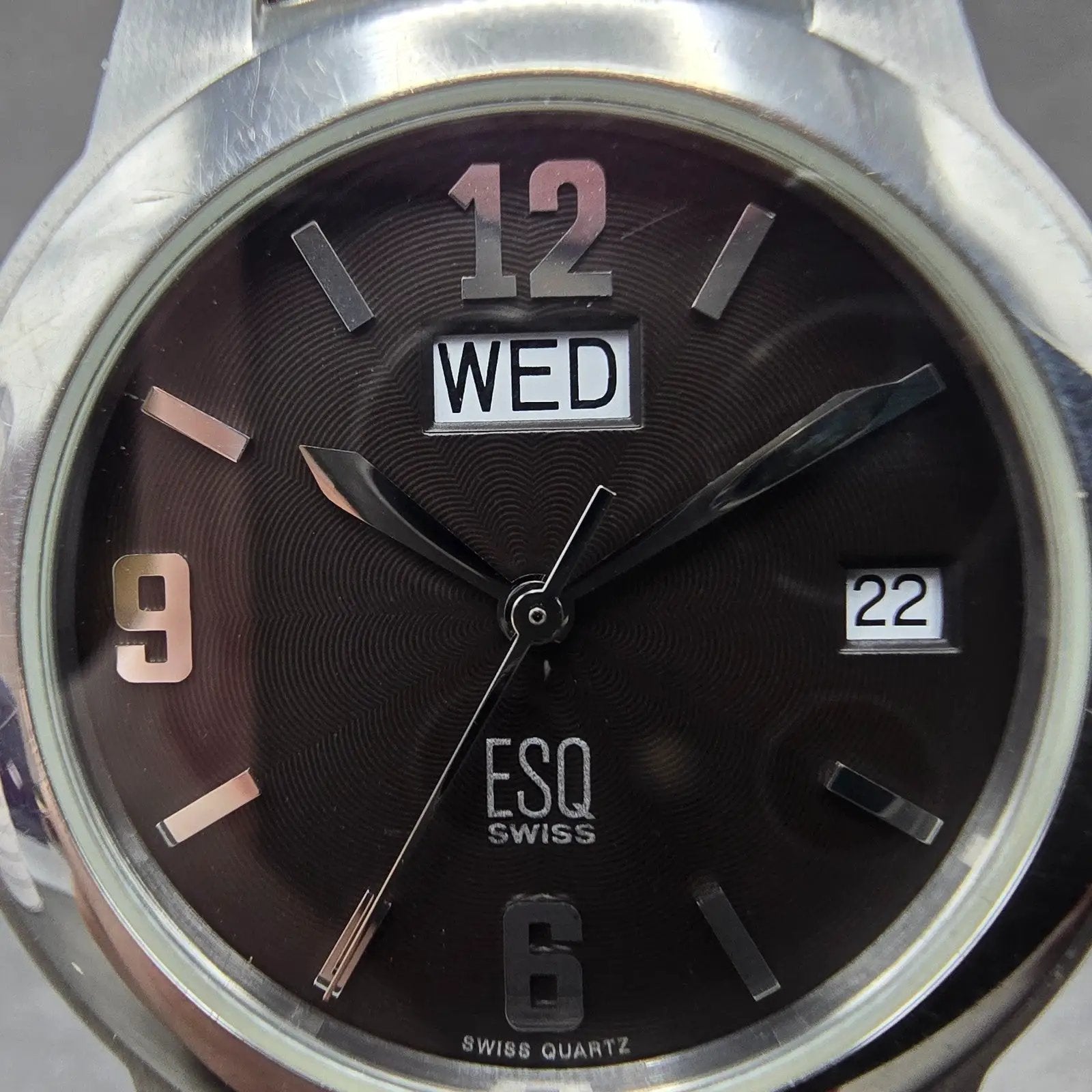 ESQ Watch Men 36mm Black Dial Silver Tone Daydate Round E5312 New Battery Swiss1