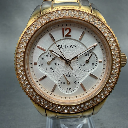 Bulova Watch Women 38mm White Dial Gold Tone Daydate Round 98N100 New Battery0
