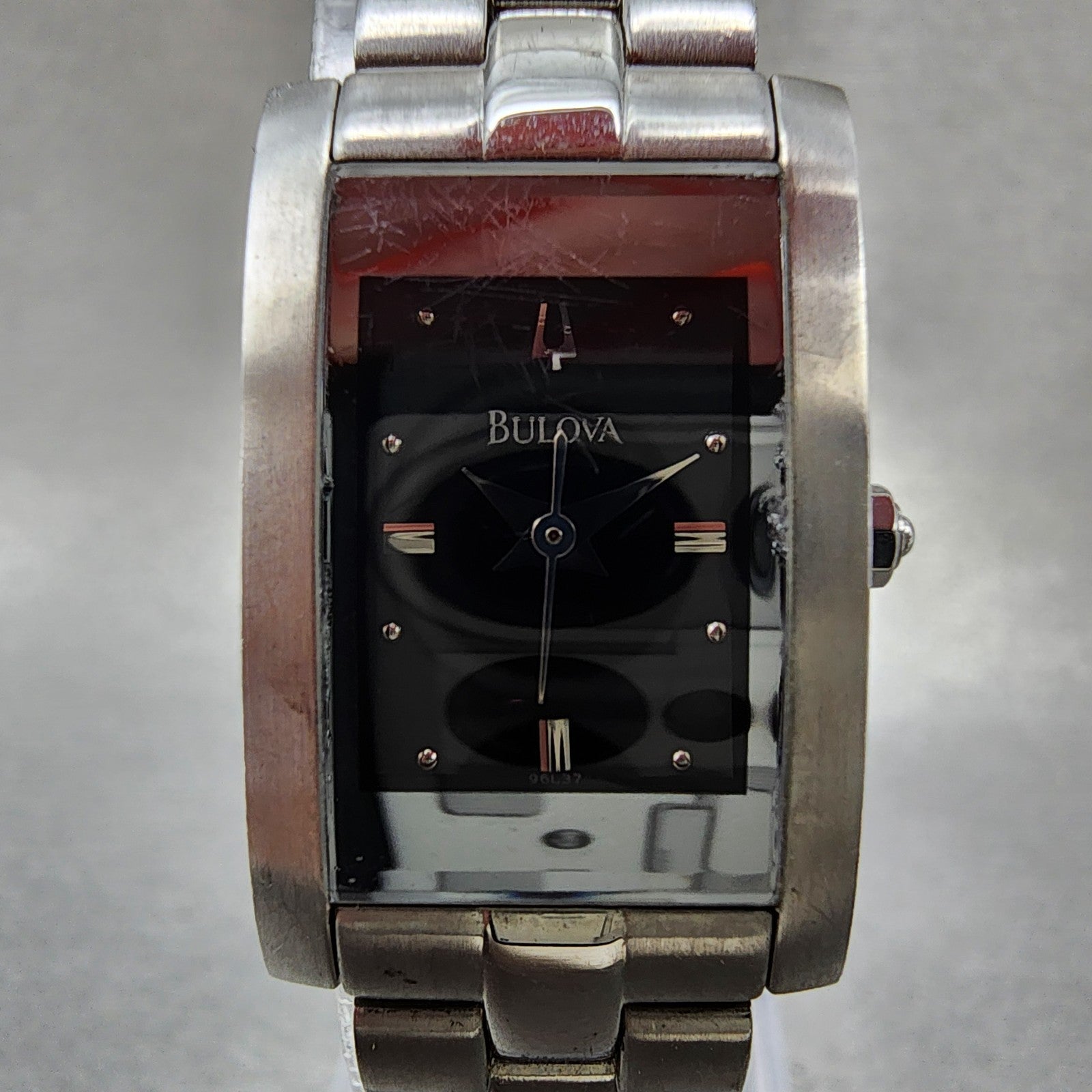 Bulova Tank Watch Women 18mm Black Dial Silver Tone Rectangle 96L37 New Battery1