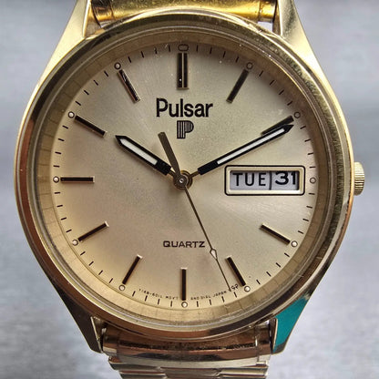 Seiko Pulsar Watch Men 34mm Champagne Dial Gold Tone Daydate Y148-6019 New Batt2