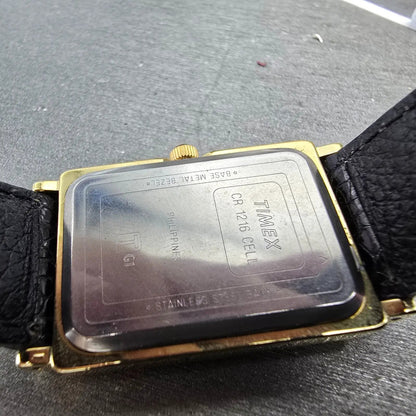 Timex Watch Men 23mm White Dial Gold Tone Rectangle New Battery VTG Leather Band9