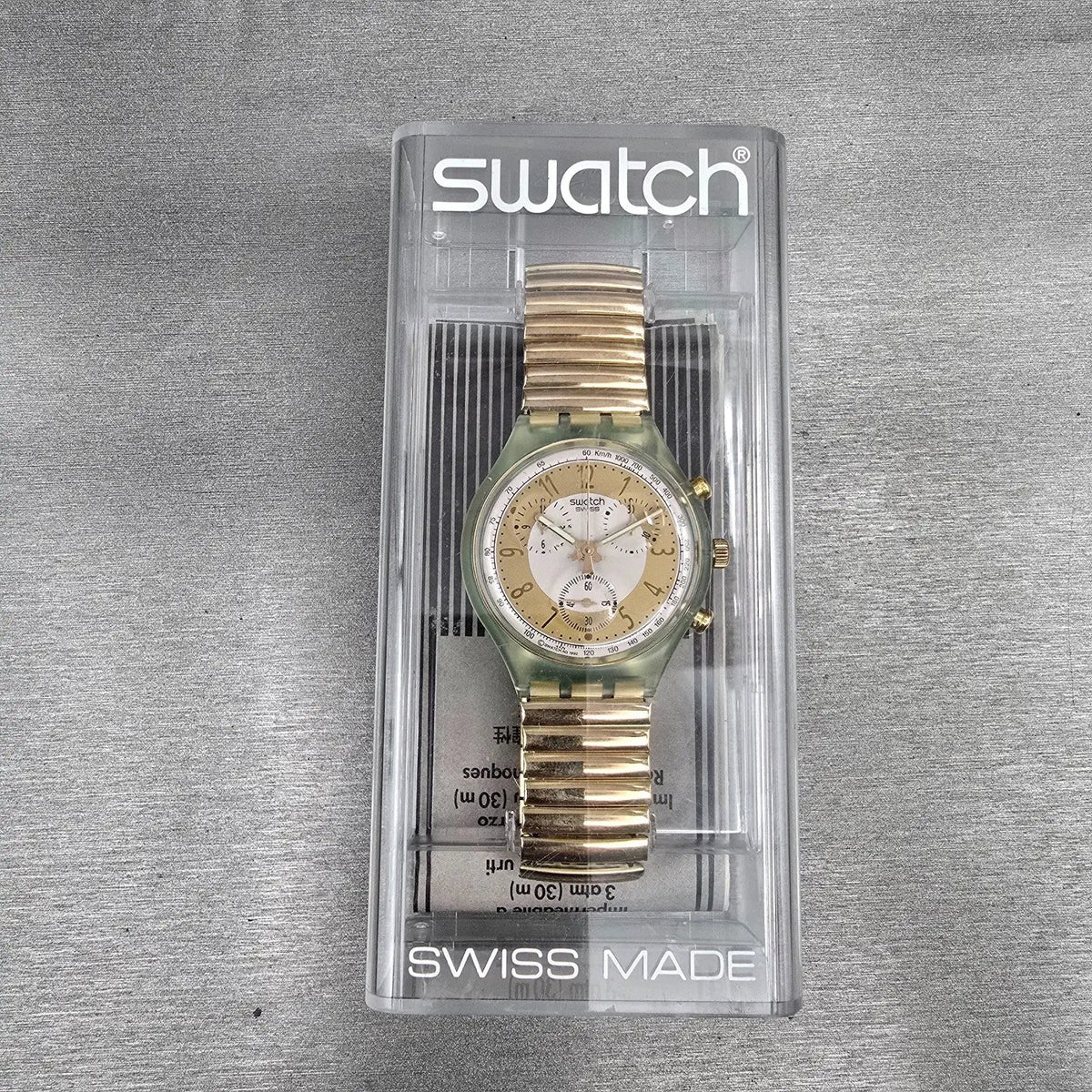 Swatch Chrono Golden Globe Watch Men 37mm Gold Dial Green Case SCG100 NewBat NOS2