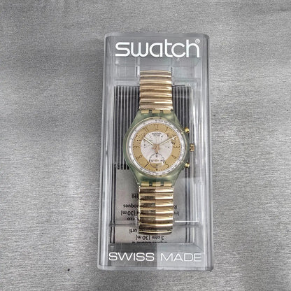 Swatch Chrono Golden Globe Watch Men 37mm Gold Dial Green Case SCG100 NewBat NOS2