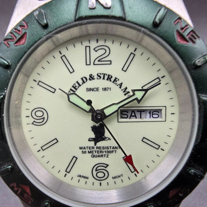Field & Stream Watch Men 39mm Luminous Dial Silver Tone Daydate Round New Batt1