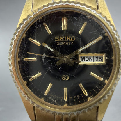 Seiko SQ Watch Women 24mm Black Dial Gold Tone Daydate 24mm Round New Battery 9Q1