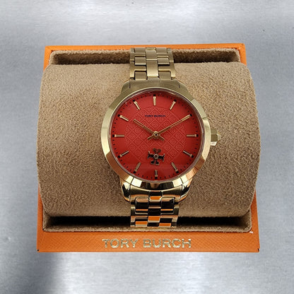 Tory Burch The Tory Watch Women 34mm Red Dial Gold Tone Round TBW10560