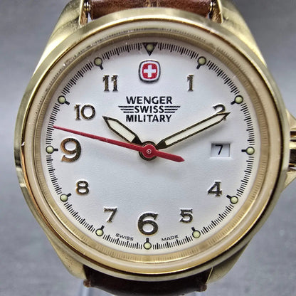 Wenger Swiss Military Watch Women 28mm White Dial Gold Tone Date 79240 New BattL1