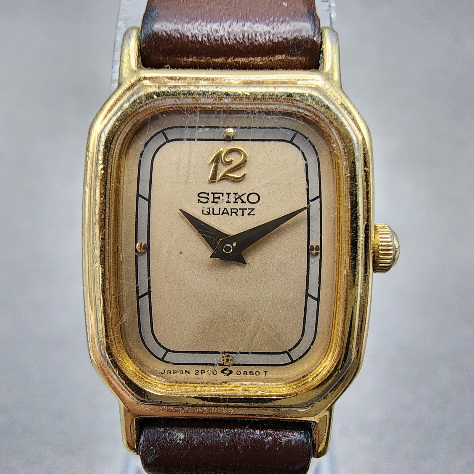 Seiko Tank Watch Women 17mm Brown Dial Gold Tone 2p205a09 New Battery1