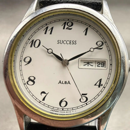 Alba Success Watch Men 33mm White Dial Silver Daydate Round V533-6B60 New Batt1