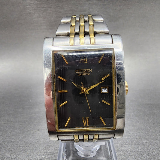 Citizen Tank Watch Men 27mm Black Dial Two Tone Date Rectangle New battery