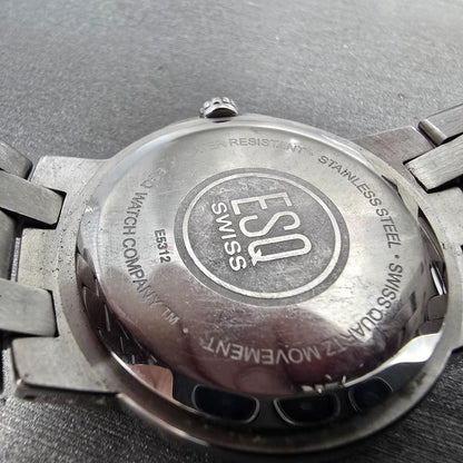 ESQ Watch Men 36mm Black Dial Silver Tone Daydate Round E5312 New Battery Swiss9