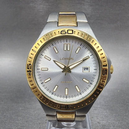 Lorus Dive Watch Men 40mm Silver Dial Two Tone Date Round LR0710 New Battery