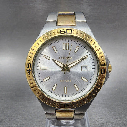 Lorus Dive Watch Men 40mm Silver Dial Two Tone Date Round LR0710 New Battery