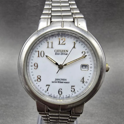 Citizen Eco-Drive Watch Men 35mm White Dial Silver Date Round E110-S95625 Runs0