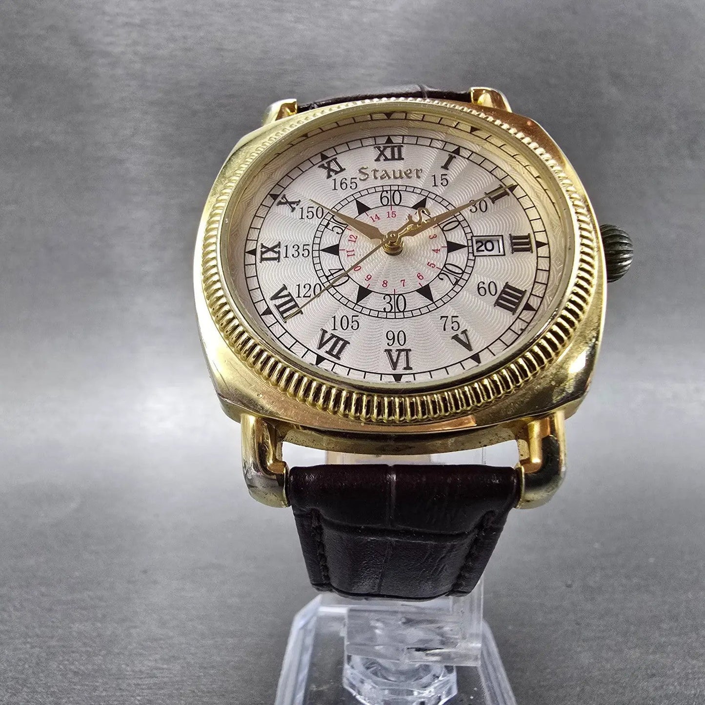 Stauer Watch Men 40mm Silver Dial Gold Tone Date Round Leather New battery5