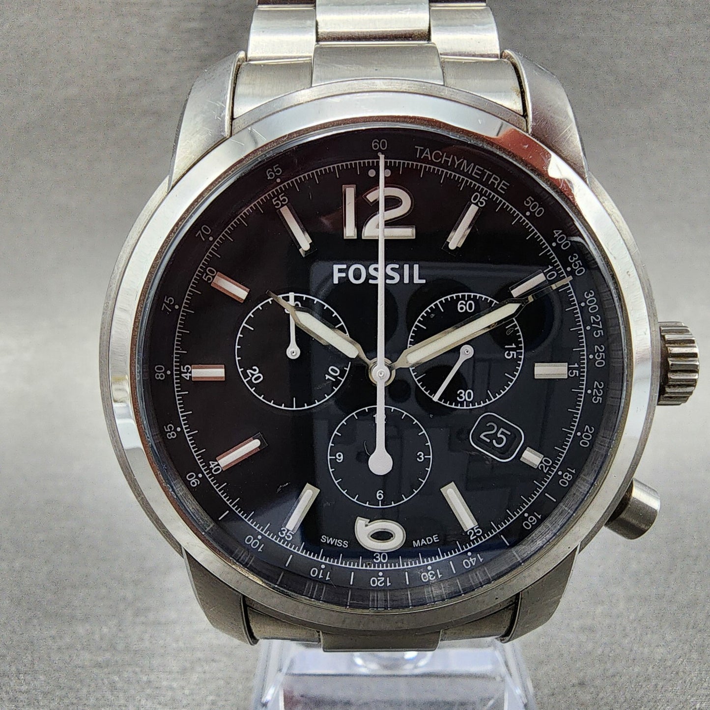 Fossil Chronograph Watch Men 45mm Black Dial Steel Date Round READ!!!! New Batt1