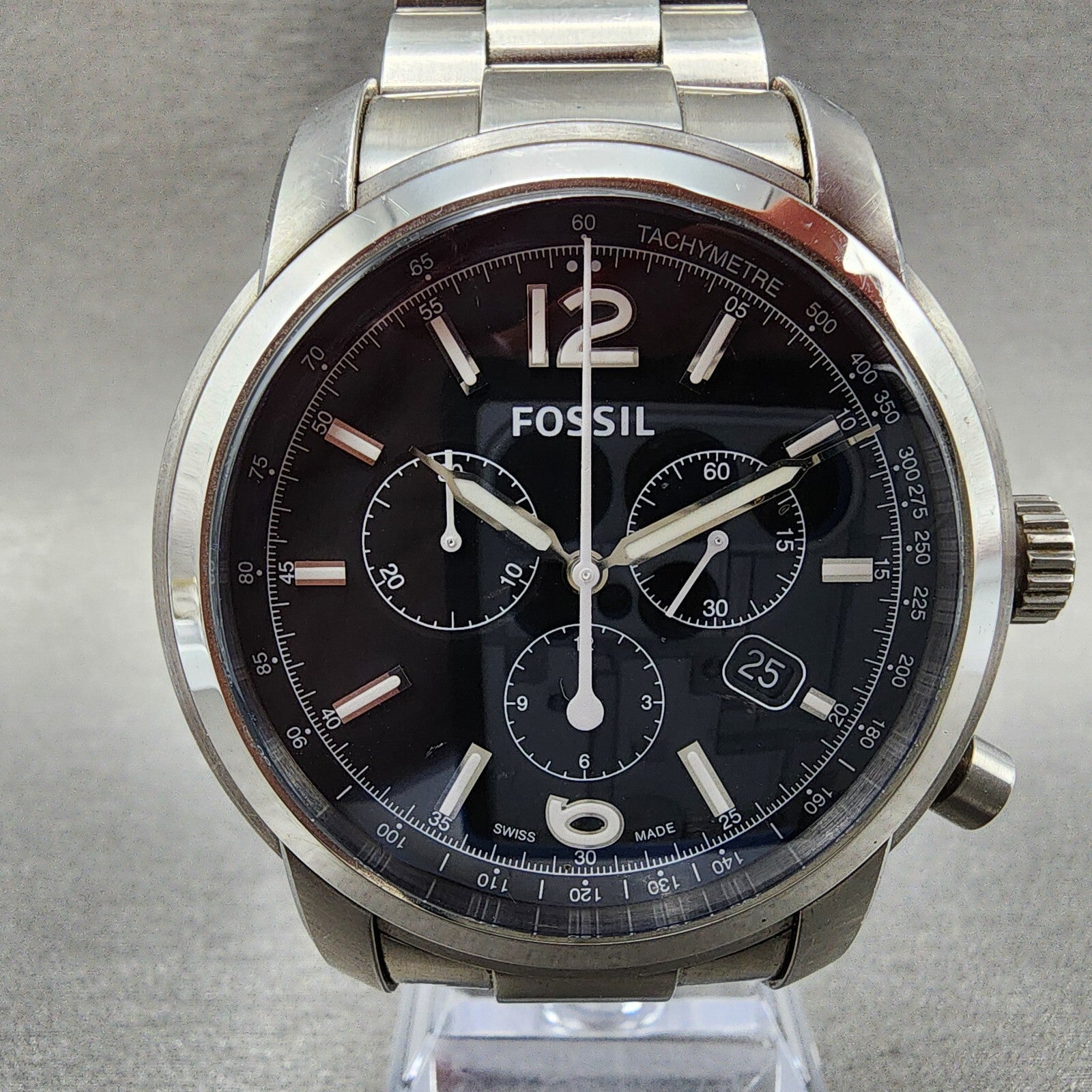 Fossil Chronograph Watch Men 45mm Black Dial Steel Date Round READ!!!! New Batt1