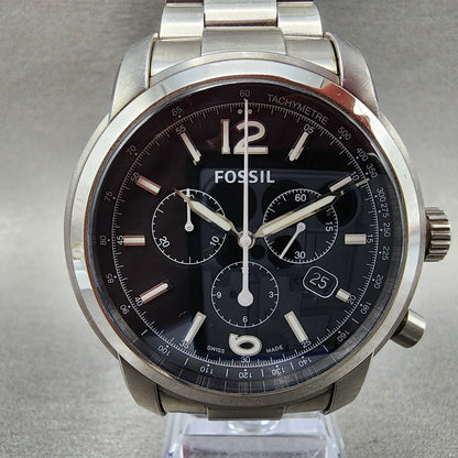 Fossil Chronograph Watch Men 45mm Black Dial Steel Date Round READ!!!! New Batt1
