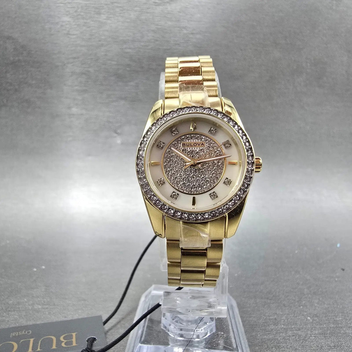 Bulova Watch Women 24mm MOP Dial Gold Tone Round Crystal Bezel 98L315 New batt 26