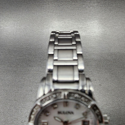 Bulova Watch Women 26mm MOP Dial Steel Diamond Bezel Date Round 96R105 NewBat4