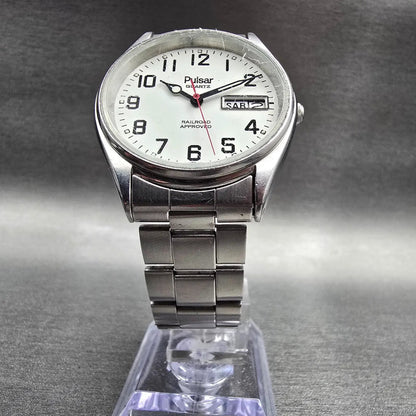 Pulsar Railroad Approved Watch Men 34mm White Dial Daydate Y148-7009 New Battery5
