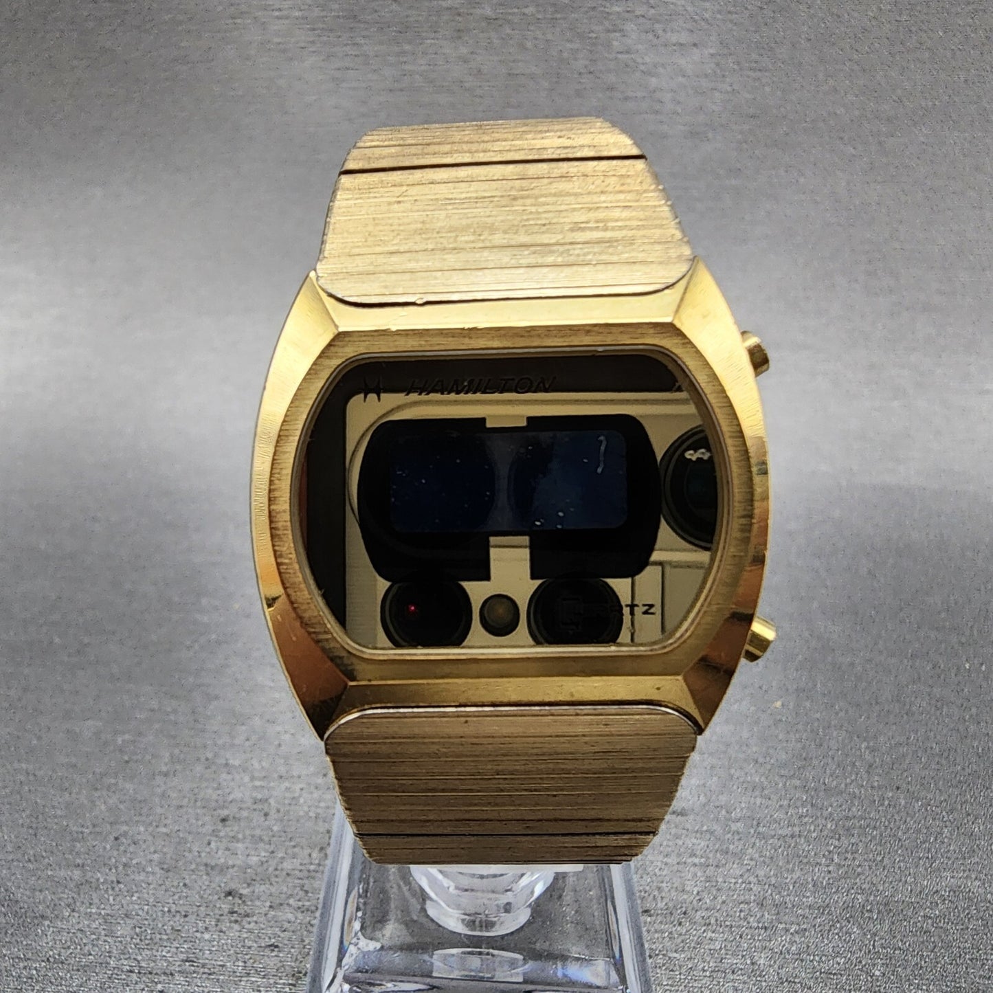 Hamilton Digital Watch Men 32mm LCD 14K Gold Plated Rectangle PARTS Vintage0