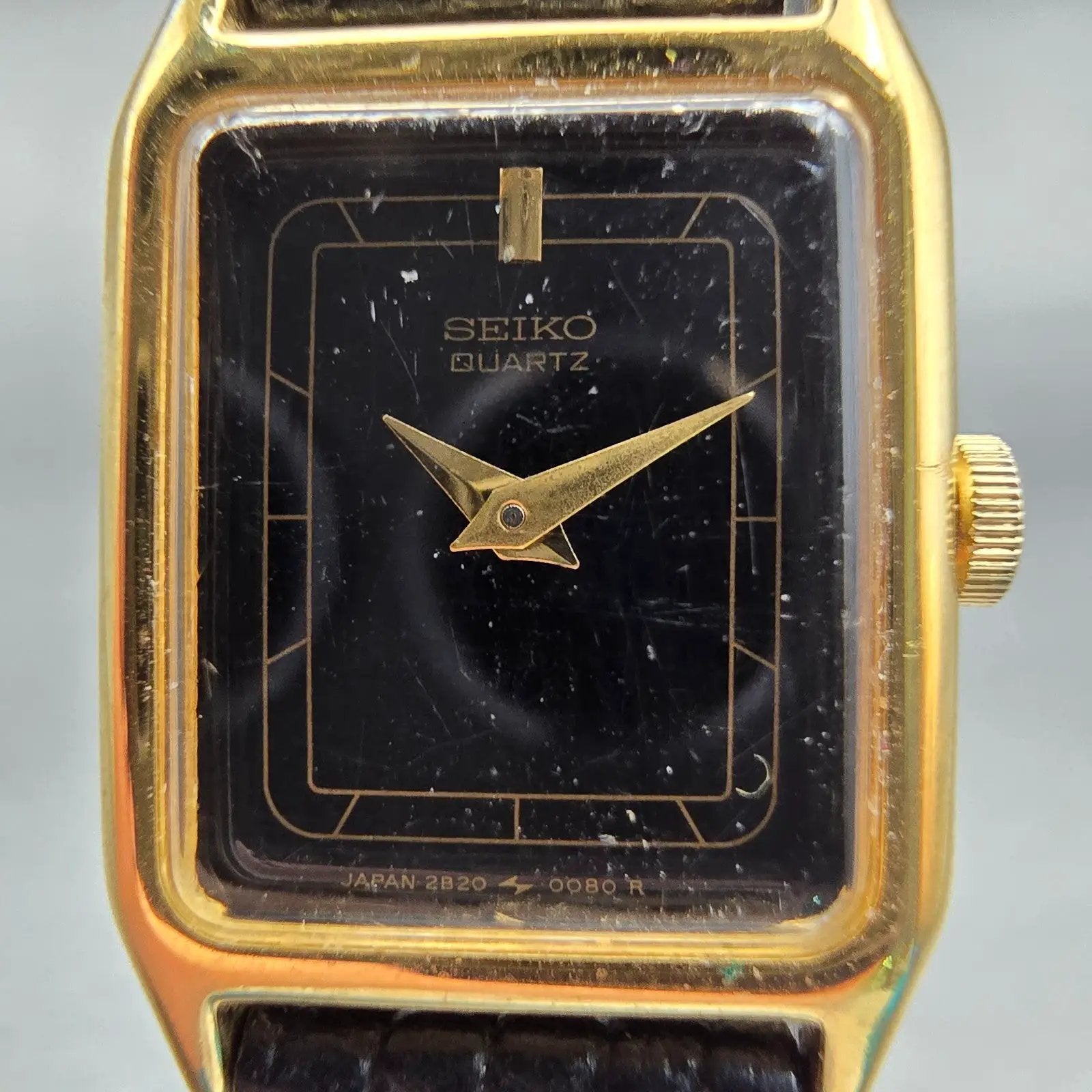 Seiko Watch Women 17mm Black Dial Gold Tone Rectangle 2B20-5009 New Battery VTG1