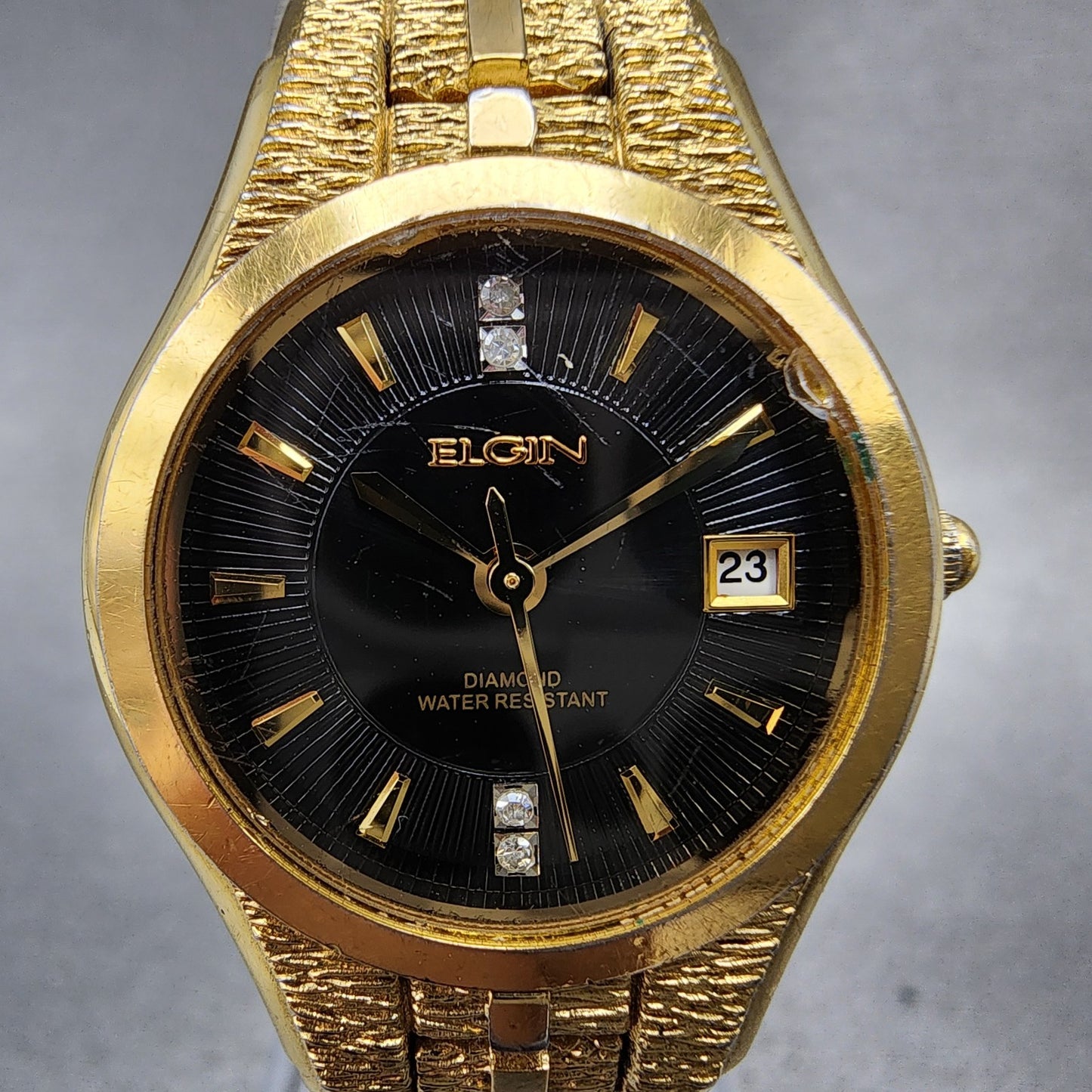 Elgin Watch Women 25mm Black Dial Gold Tone Date Round EG186N New Battery1